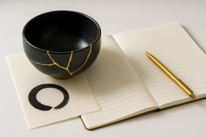 un bol kintsugi posé sur un cahier ouvert avec un signe zen